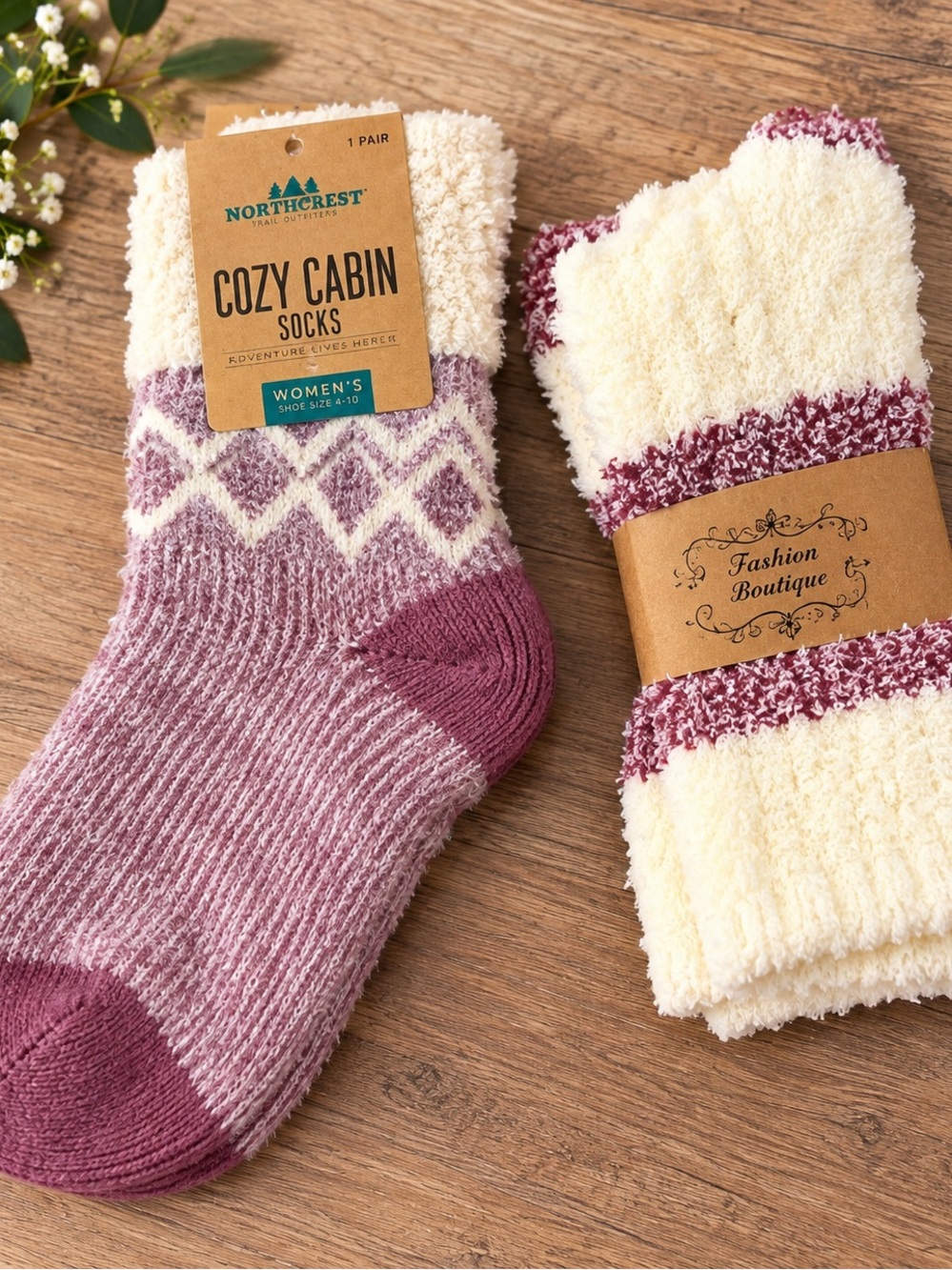 Northcrest Cozy Cabin Fuzzy Crew Socks - Cream & Mauve